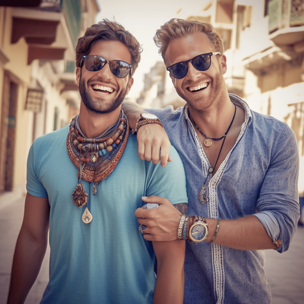 Deux jeunes hommes portant des lunettes de soleil et des colliers dansent dans une rue des meilleurs clubs gay d'Ibiza.