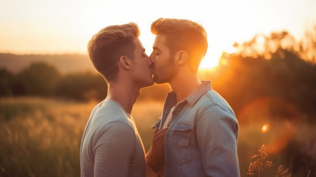 Deux homosexuels s'embrassant dans un village gay-friendly en France en août.