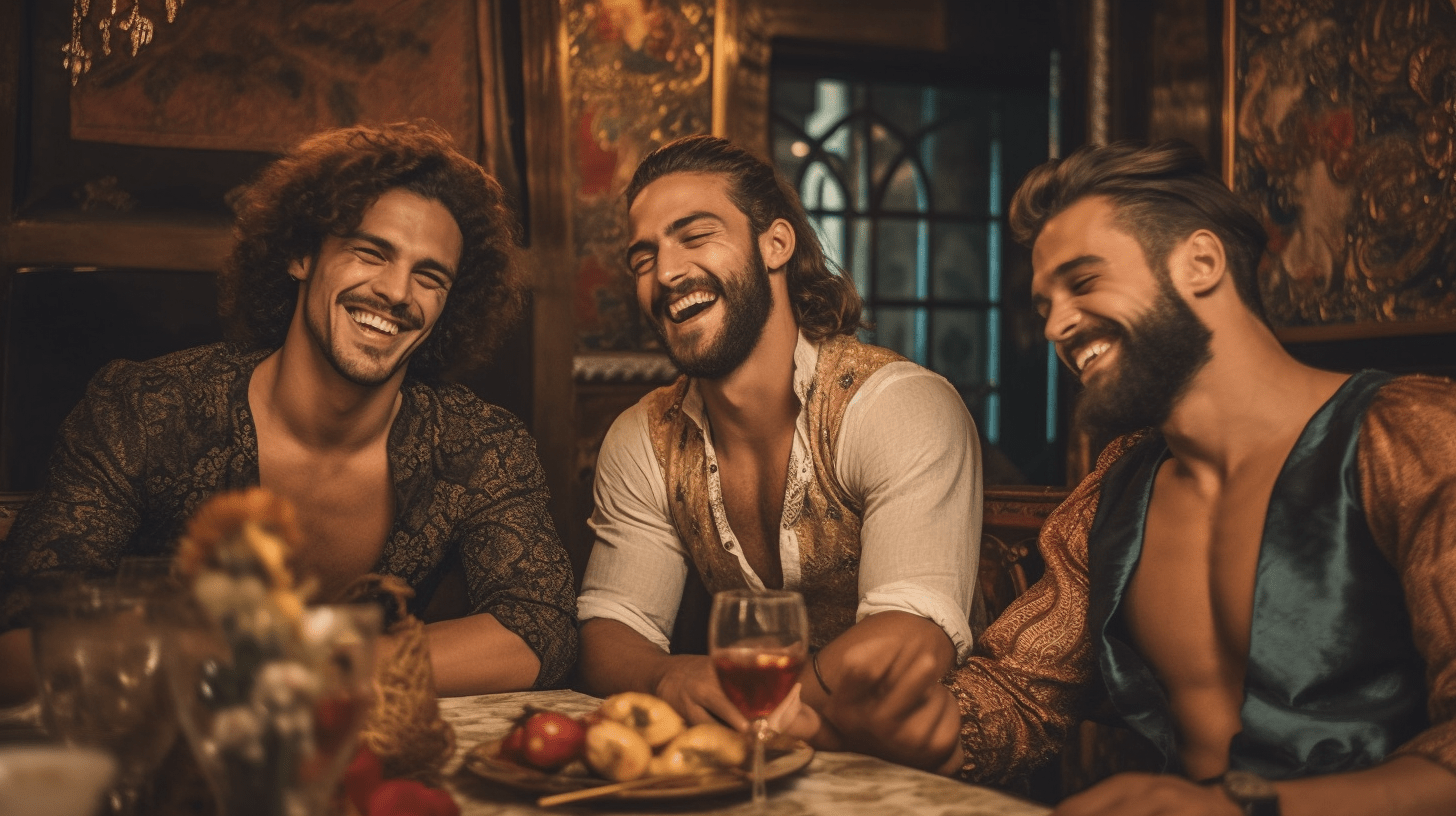Trois hommes riant à une table dans un des meilleurs bars à tapas à Madrid.