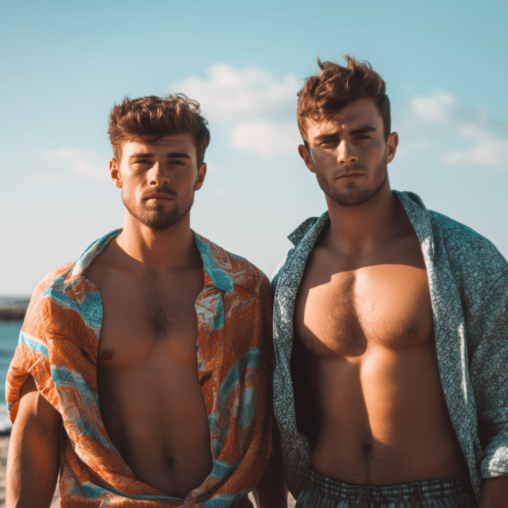 Deux hommes torse nu sur la plage à Ibiza.