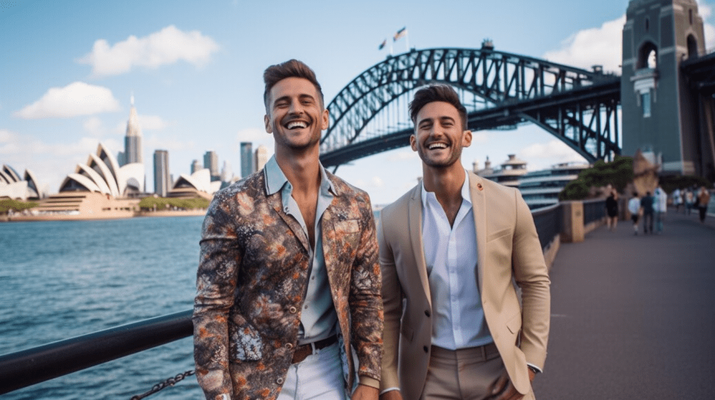 Deux voyageurs gays explorant l'emblématique pont du port de Sydney.