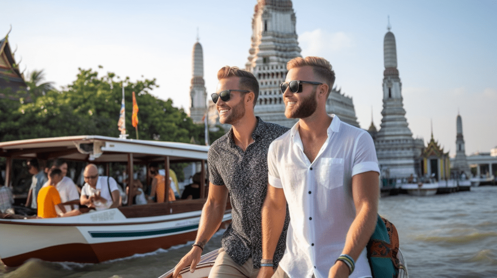 Deux hommes sur un bateau explorant un temple LGBT-friendly.