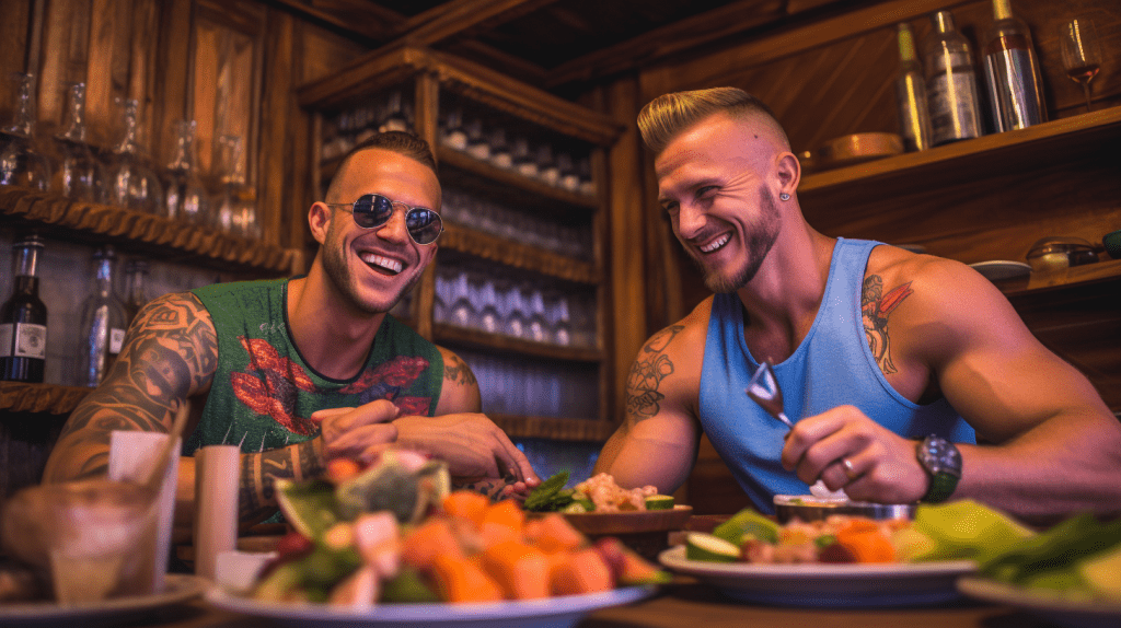 Deux homosexuels dînant à une table à Bangkok, une ville gay-friendly.