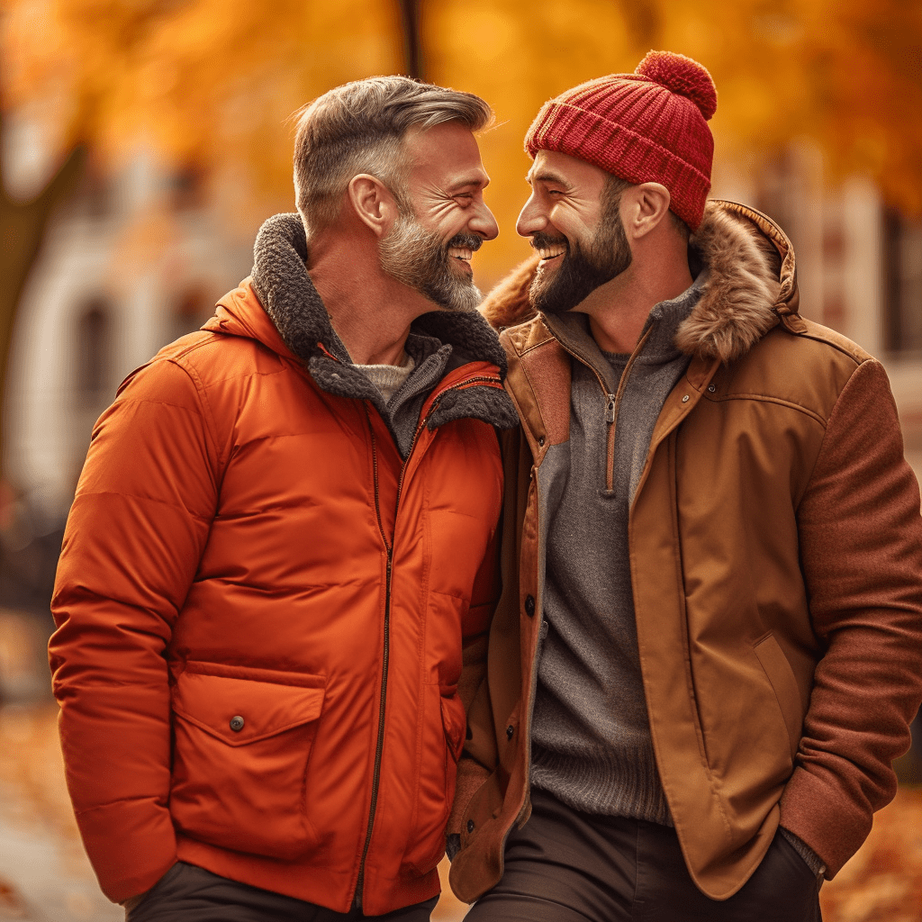 Deux hommes gays sourient à l'automne.