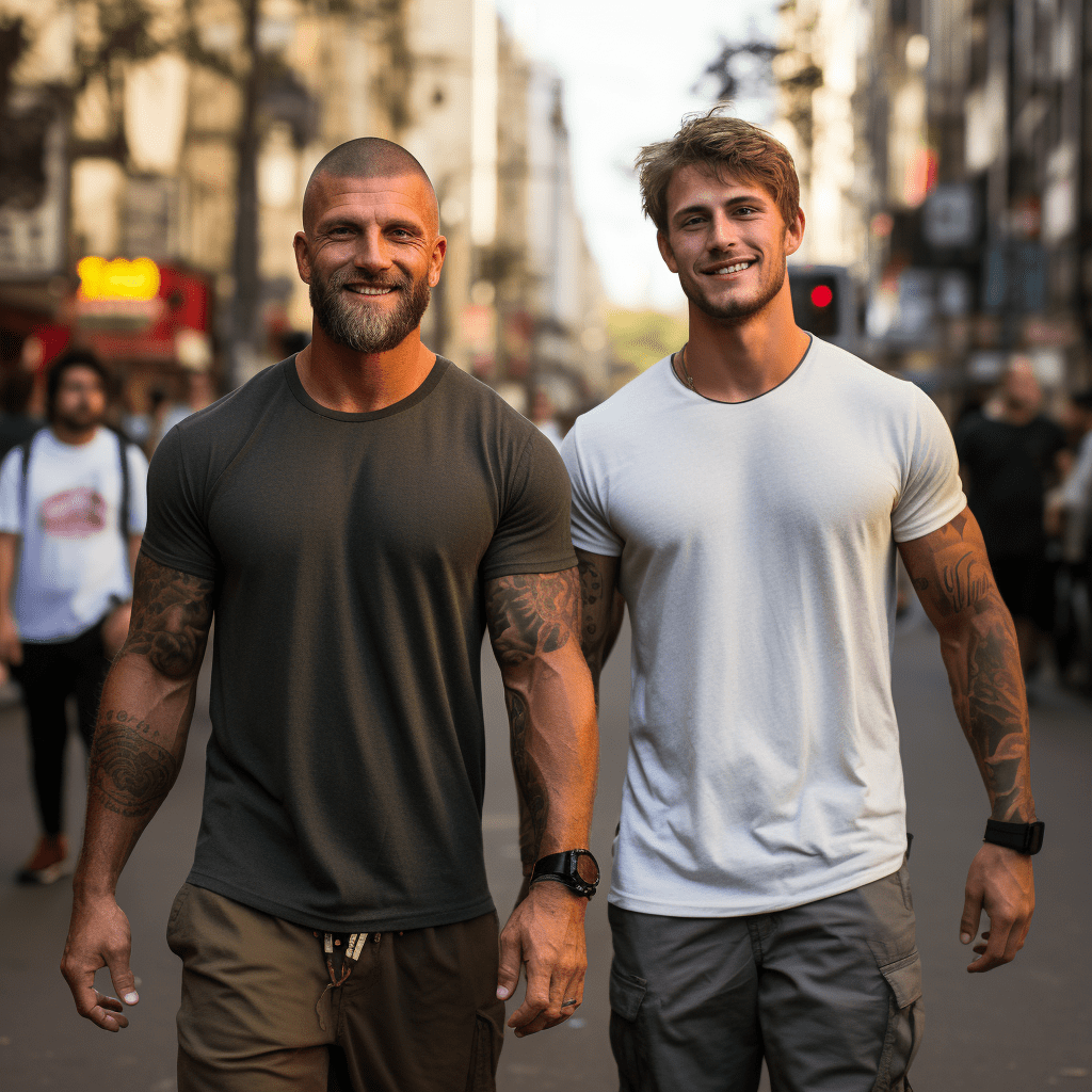 Deux hommes marchant dans la rue en t-shirts.