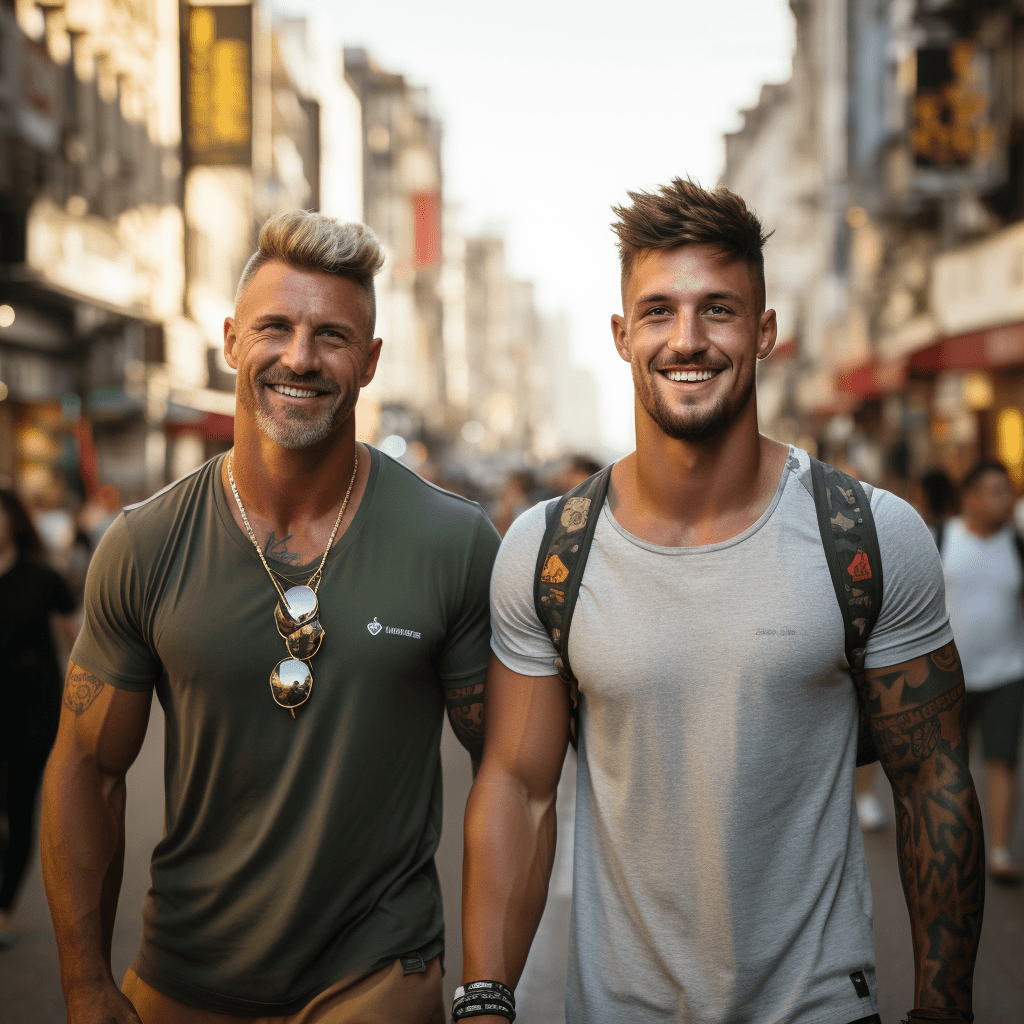 Deux hommes debout dans une rue d’une ville.