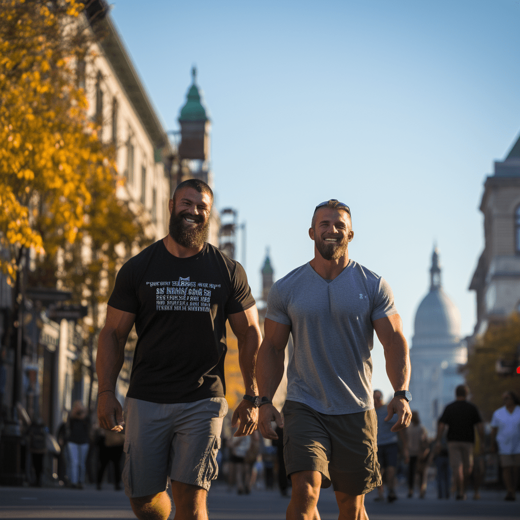 Deux hommes déambulant dans les rues de Québec portant des t-shirts en automne.