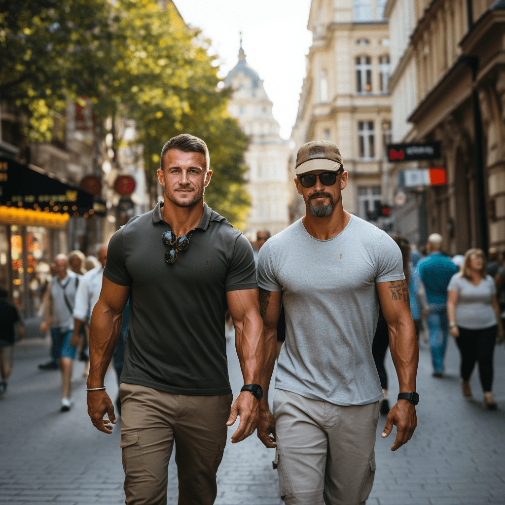 Deux hommes marchant dans une rue de la ville.