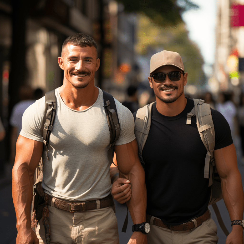 Deux hommes marchant dans la rue.