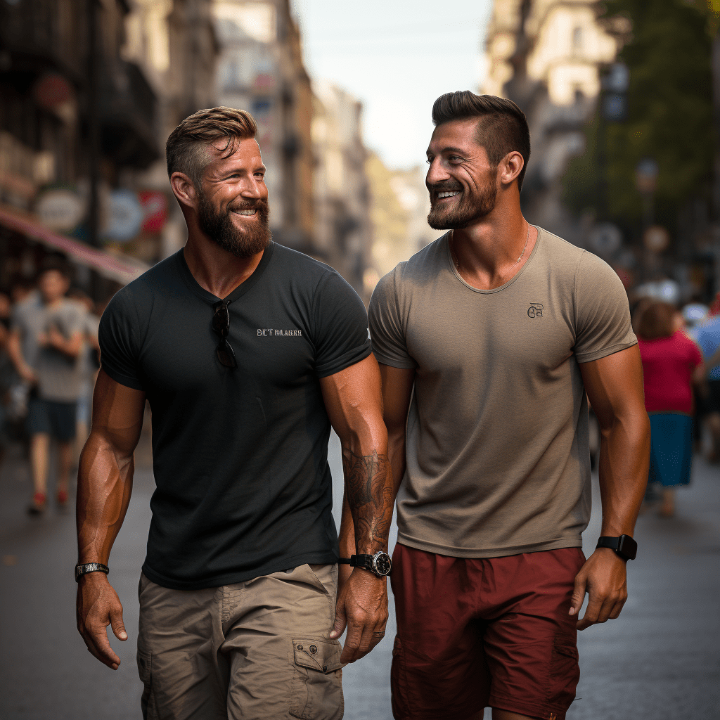 Deux hommes marchant dans la rue en t-shirts.