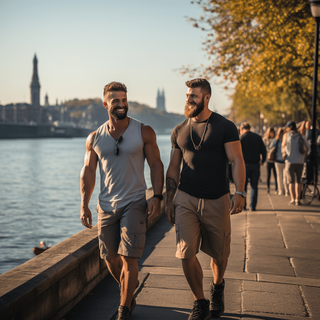 Deux hommes se promenant au bord d’une rivière en automne.