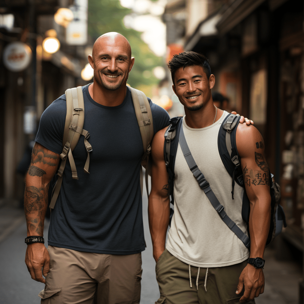 Deux hommes debout dans une ruelle avec des sacs à dos.