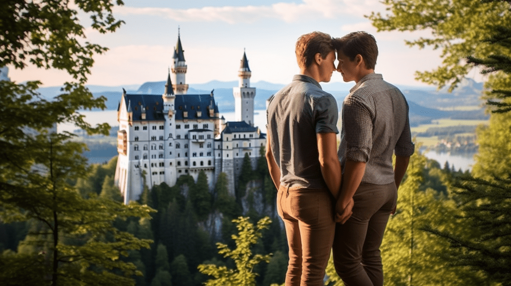 Deux homosexuels se lancent dans un road trip à travers l'Allemagne, partageant un baiser devant un château.