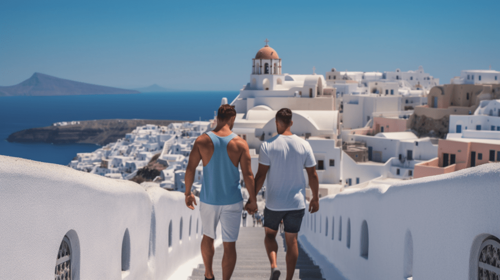 Deux hommes gay-friendly marchant dans un escalier dans la destination de Santorin, en Grèce.