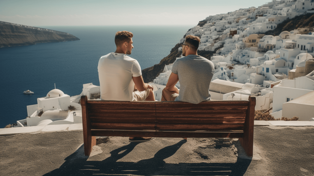Deux hommes gay-friendly assis sur un banc surplombant l'océan à destination de Santorin.