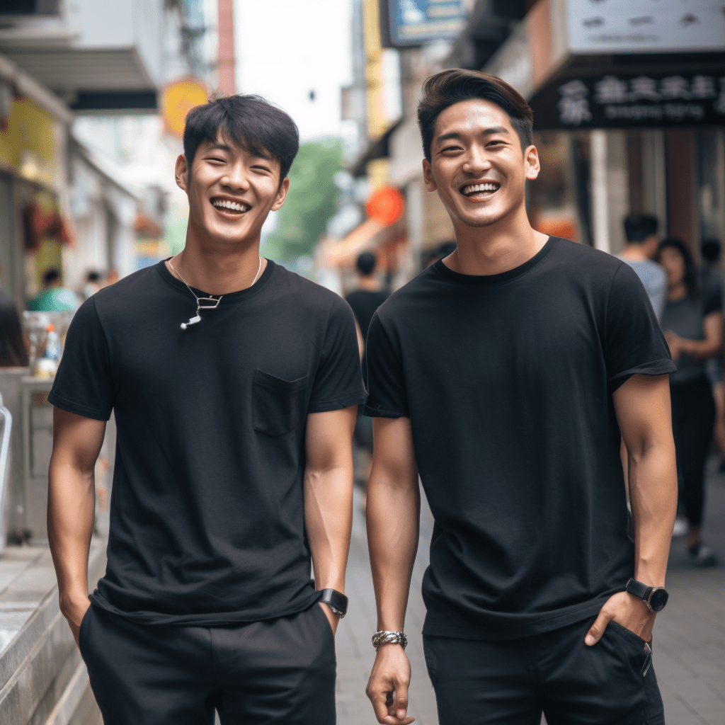 Deux hommes asiatiques en t-shirts noirs debout dans une rue gay-friendly de Bangkok, servant de guides aux voyageurs gays.