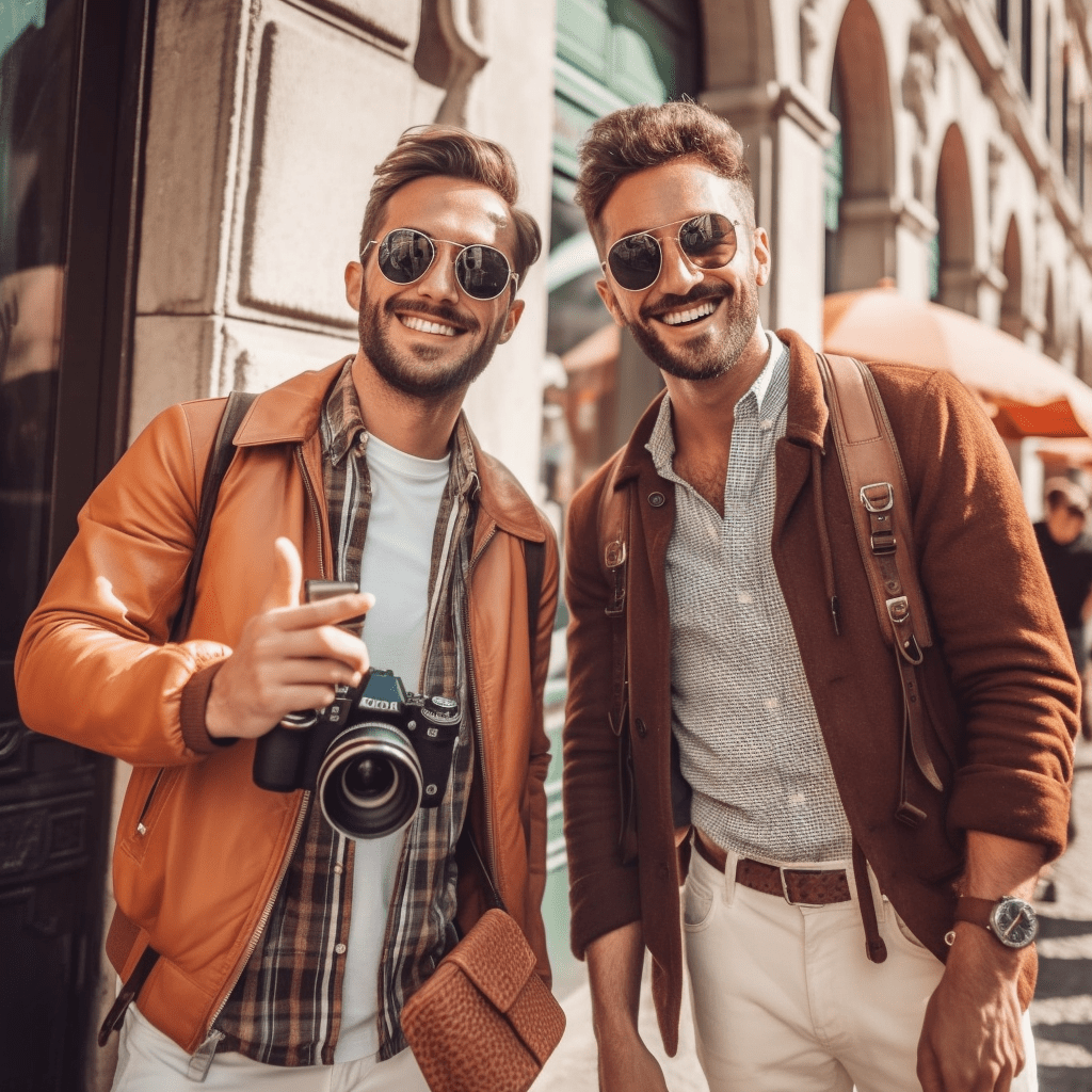 Deux hommes portant des lunettes de soleil et des vestes beiges prennent une photo pendant des vacances gay en août.