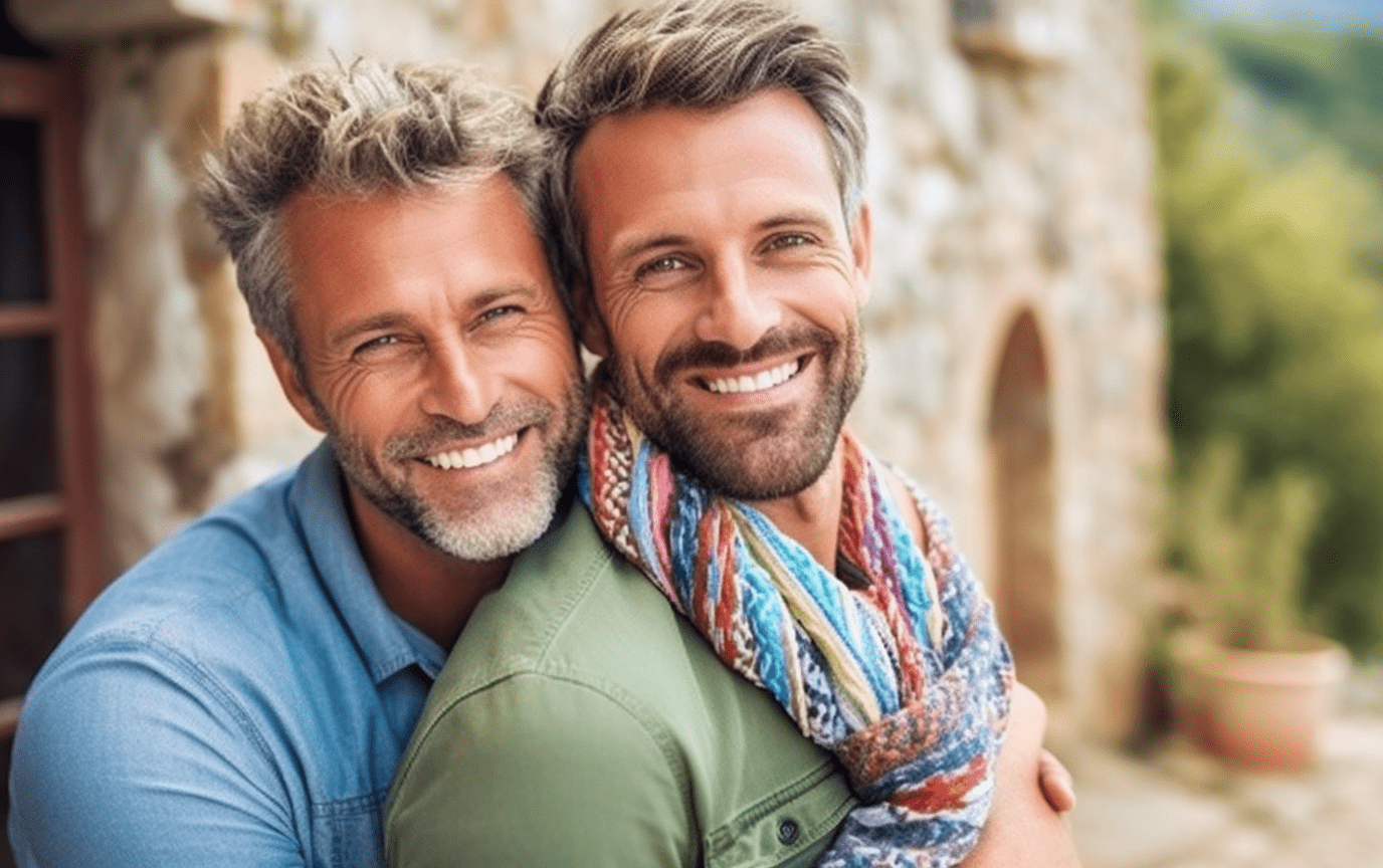 Deux hommes gay-friendly s'embrassant devant une maison en pierre dans un village français.