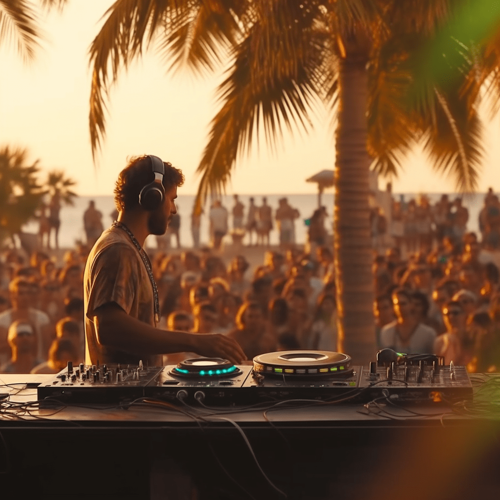 Un DJ jouant de la musique devant une foule de personnes dans les meilleurs clubs gay d'Ibiza.