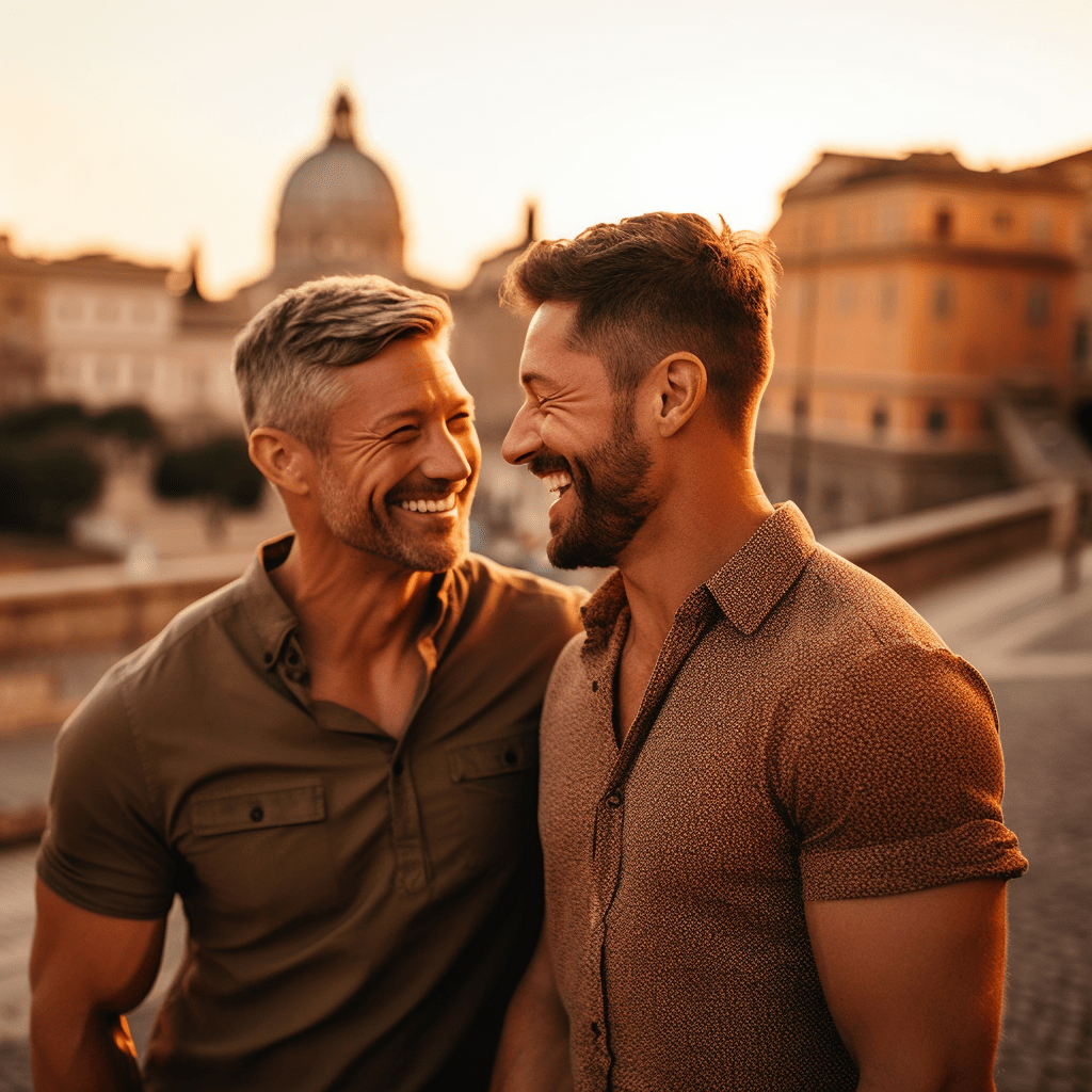 Deux hommes homosexuels profitant de la belle ambiance automnale de Rome tout en se souriant devant le magnifique décor de la ville.