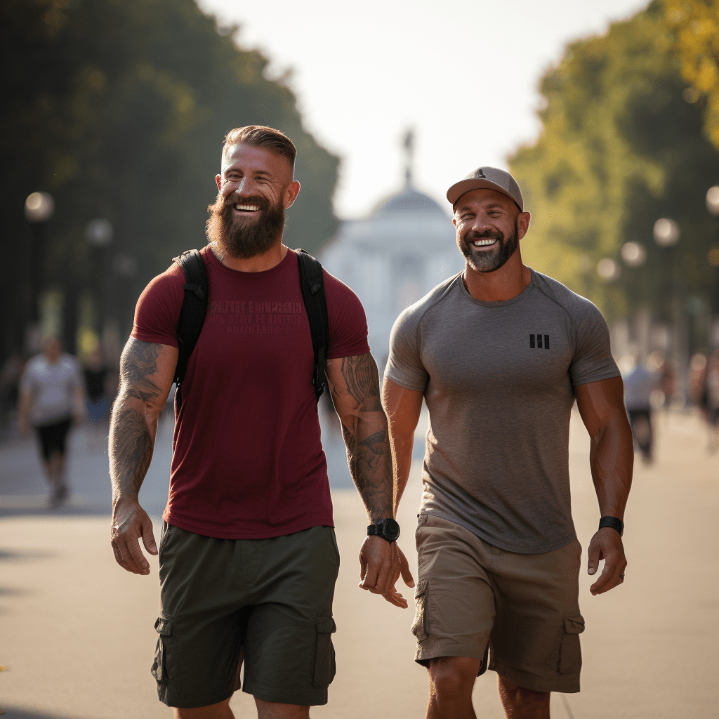 Deux hommes barbus se promenant dans une rue de Madrid en automne.