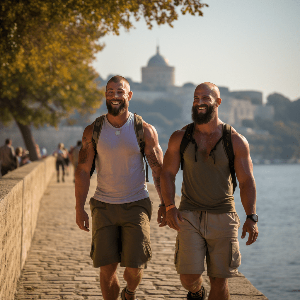 Deux hommes homosexuels se promenant au bord de l'eau à Sitges à l'automne.