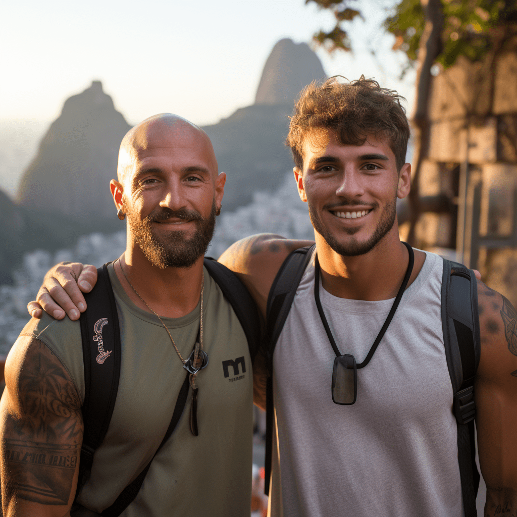 Deux hommes posant pour une photo gay à Rio de Janeiro.