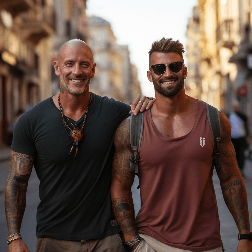 Deux hommes côte à côte dans une rue de Lisbonne en automne.