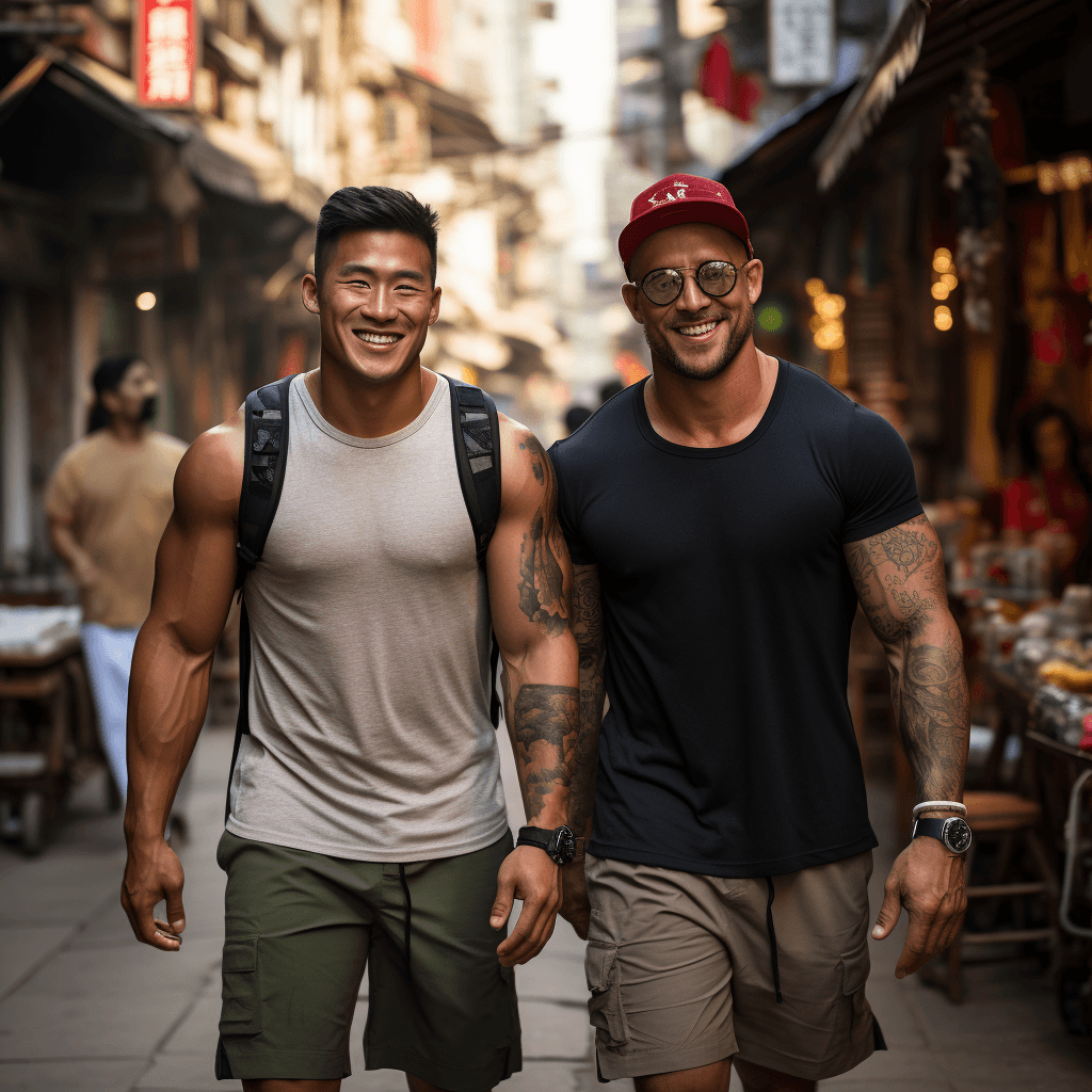 Deux hommes asiatiques se promenant dans une rue animée de Shanghai.