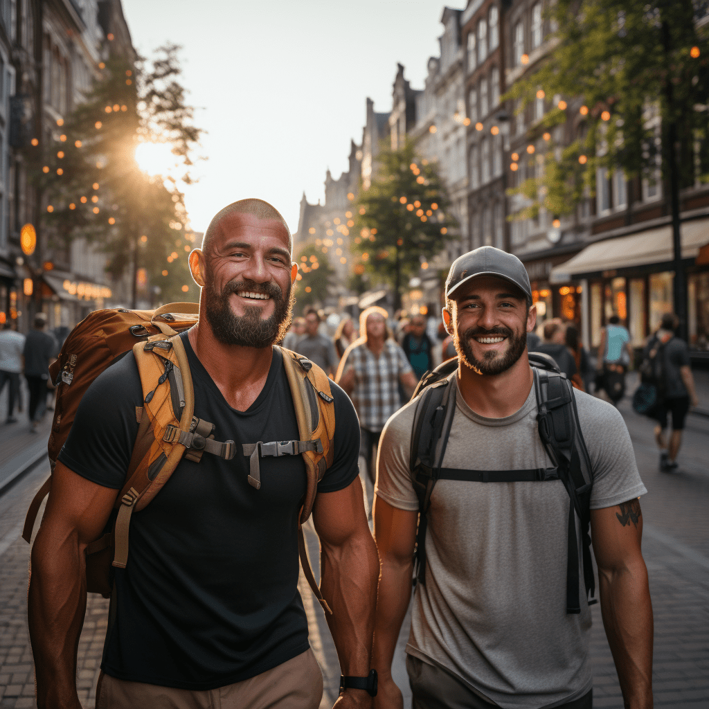 Deux hommes homosexuels explorant Amsterdam portant des sacs à dos en automne.