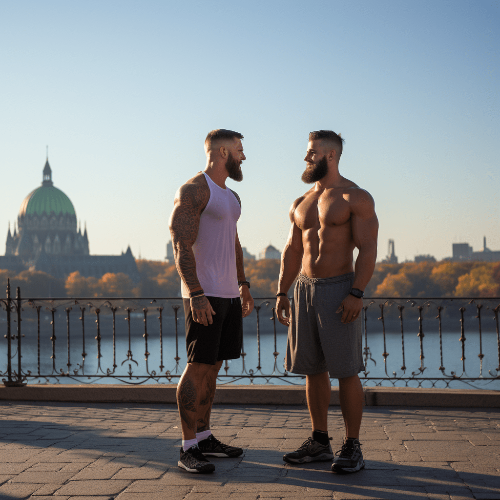 Deux hommes gais côte à côte devant un immeuble à Montréal en automne.