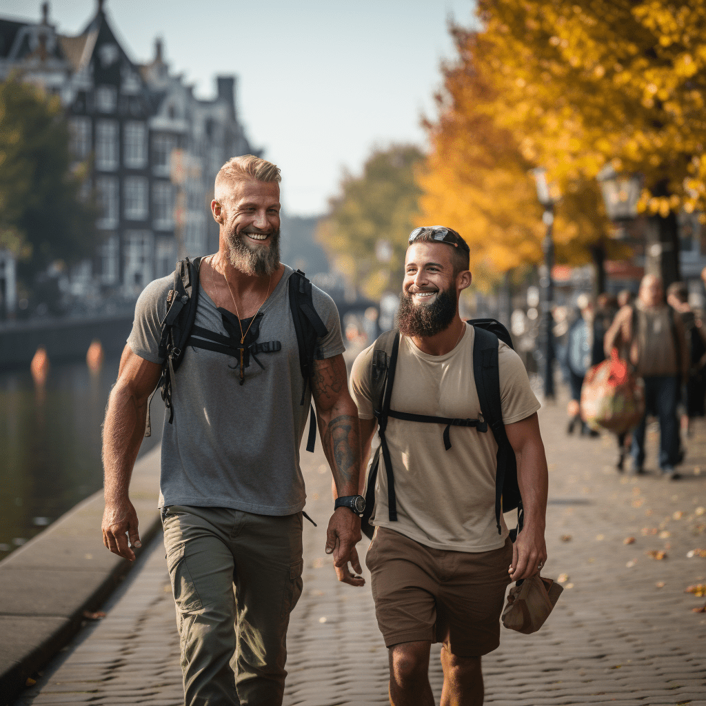 Deux hommes homosexuels se promènent le long d'un canal à Amsterdam en automne.