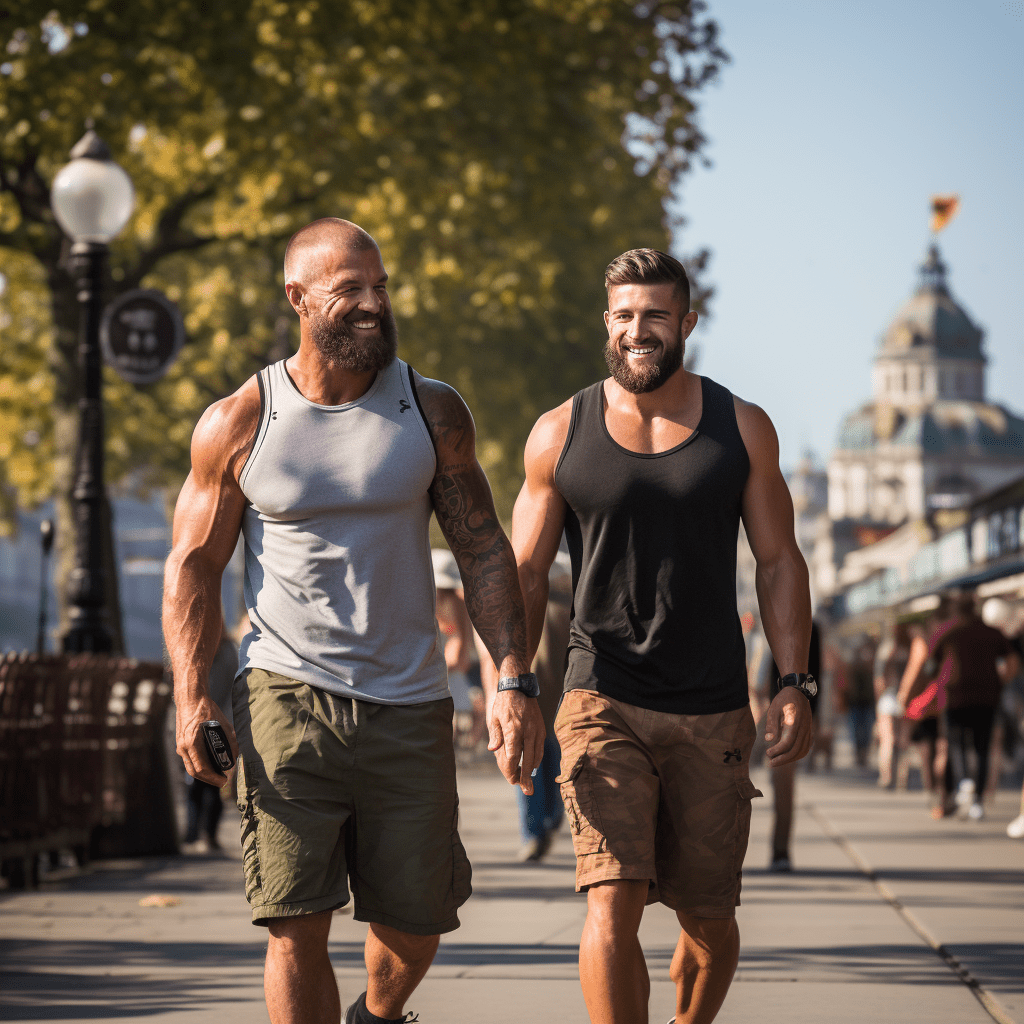 Deux hommes gais explorant les rues de Montréal à l'automne.