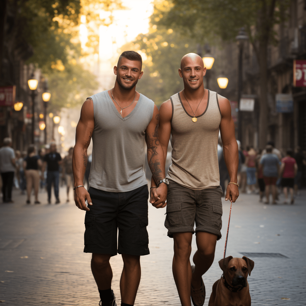 Deux hommes promenant un chien-guide dans les rues de Barcelone en automne.
