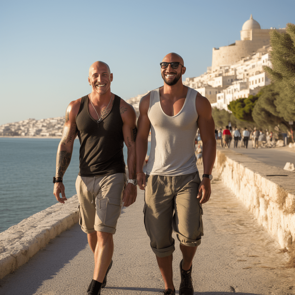 Deux hommes explorant comme guide gay à Ibiza en automne.