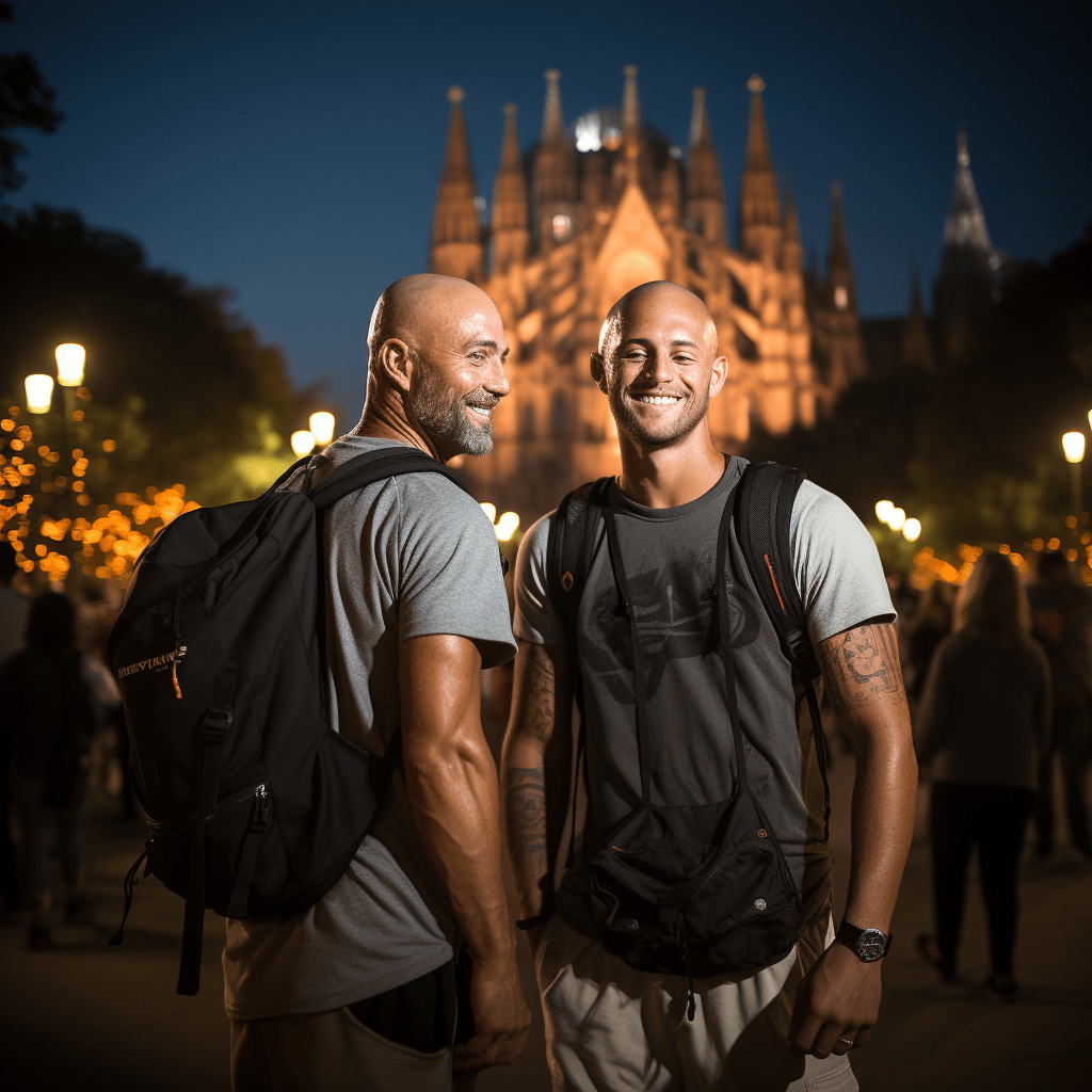 Deux hommes homosexuels explorent la scène automnale de Barcelone devant un immeuble.