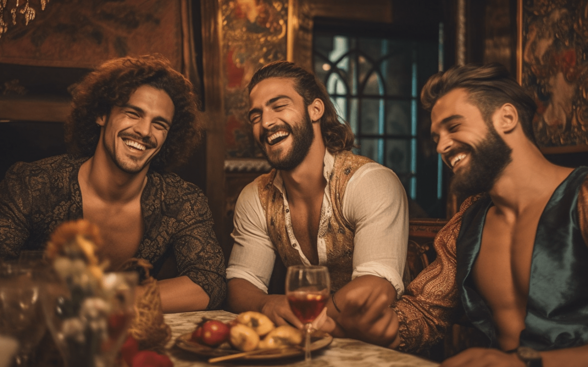 Trois hommes riant à une table dans un des meilleurs bars à tapas à Madrid.