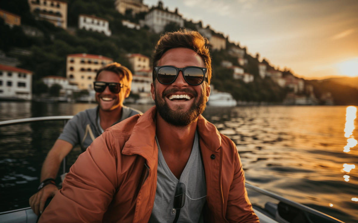 Un couple gay heureux profitant de leurs vacances d'été sur les lacs italiens, partageant un moment romantique avec le magnifique lac Como et le coucher de soleil en arrière-plan.