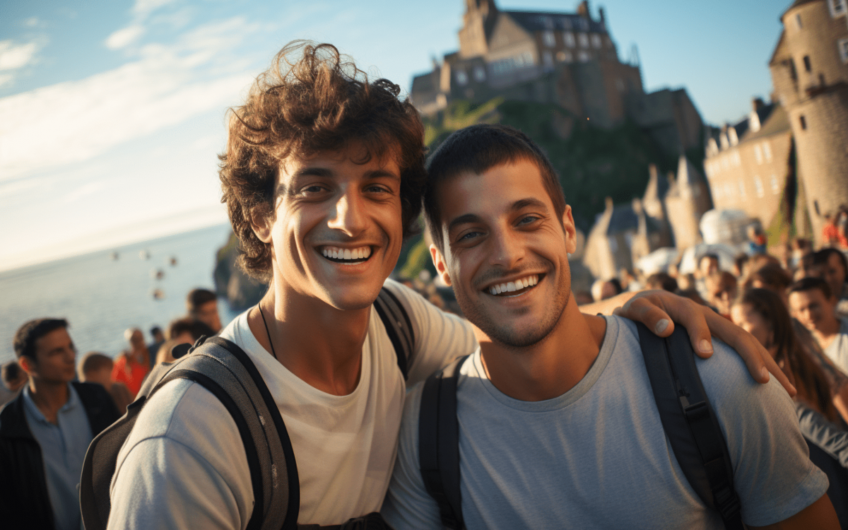 Deux jeunes hommes explorant un château en Bretagne.