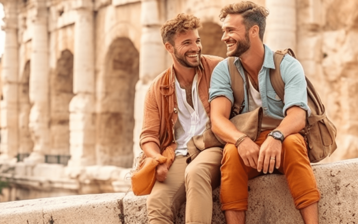 Deux jeunes hommes assis sur un mur de pierre à Rome, en Italie, embrassant leur voyage à travers l'une des principales destinations LGBT.