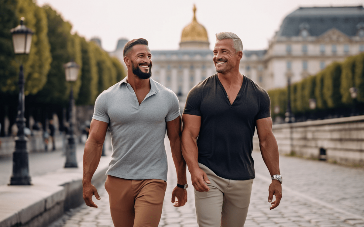 Deux hommes gays se promenant dans une rue pavée pittoresque en automne à Paris.