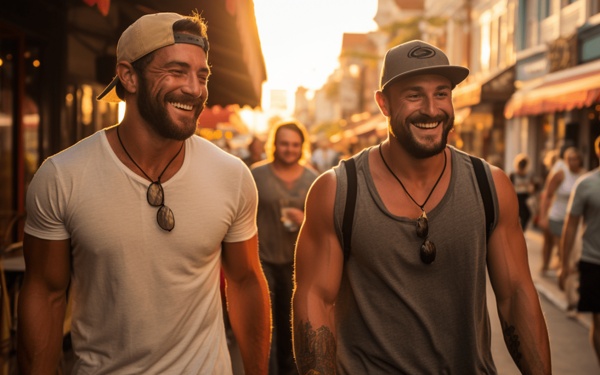 Deux hommes, dont l'un porte un chapeau élégant, se promènent dans les charmantes rues de Key West pendant la vibrante saison d'automne.