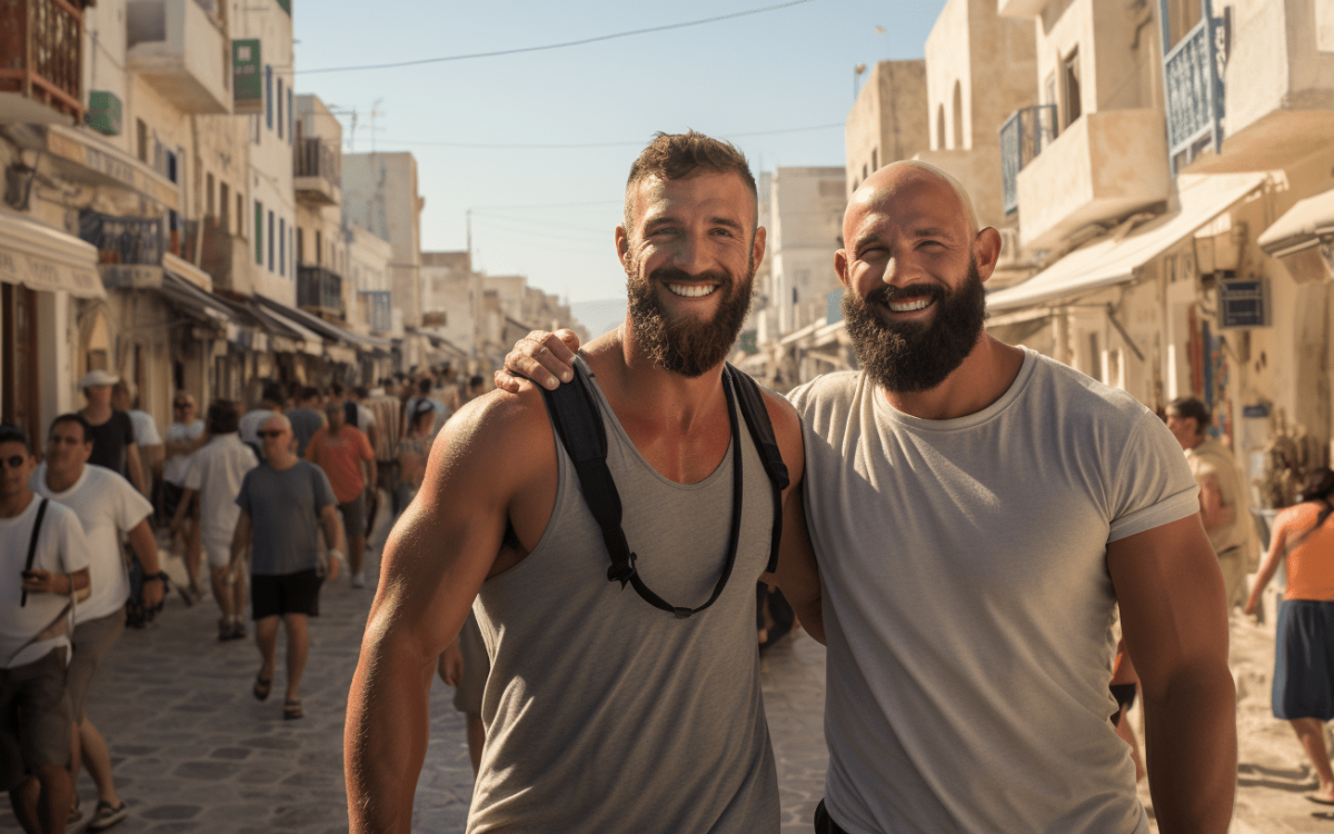 Deux hommes homosexuels posant pour une photo dans les rues étroites de Mykonos en automne.