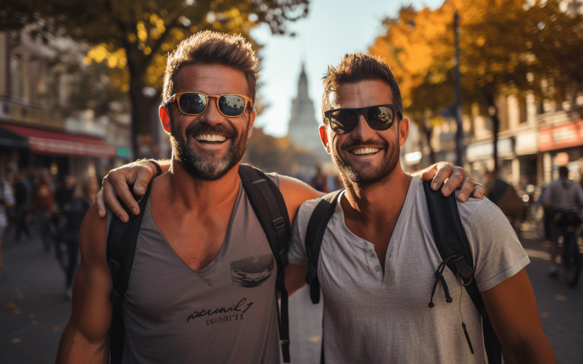 Deux homosexuels sourient en se promenant dans les rues de Madrid.