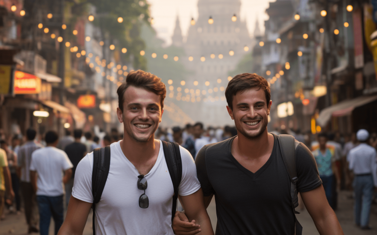 Deux hommes homosexuels marchant dans une rue d’une ville.