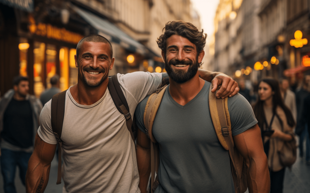 Deux hommes explorant la scène gay bruxelloise en automne, capturés dans la rue de Paris.