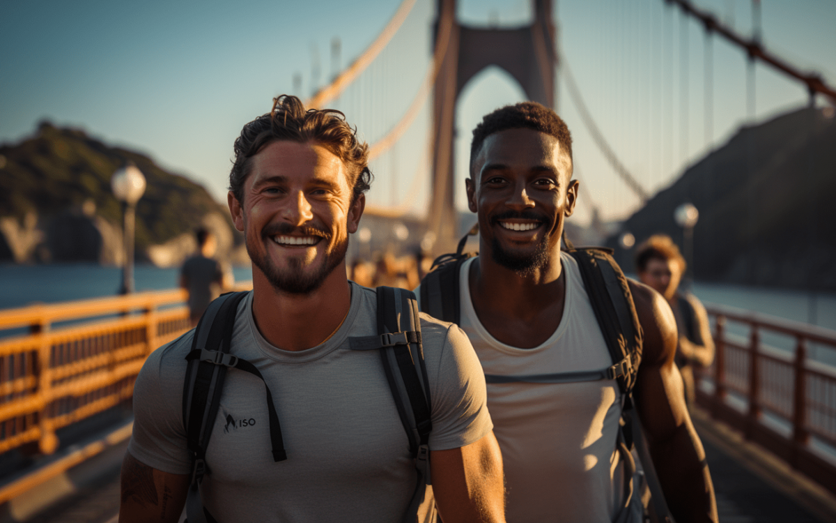 Deux hommes souriants sur un pont à San Francisco.