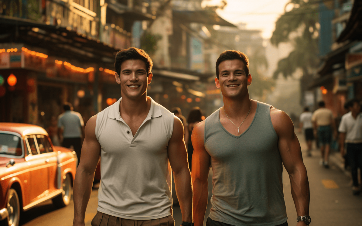 Deux hommes gays explorant les rues animées de Phuket en automne.