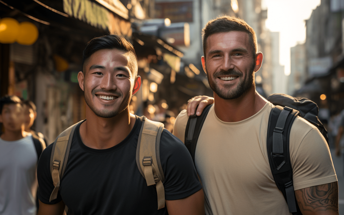 Deux hommes homosexuels souriant dans la ville de Bangkok.