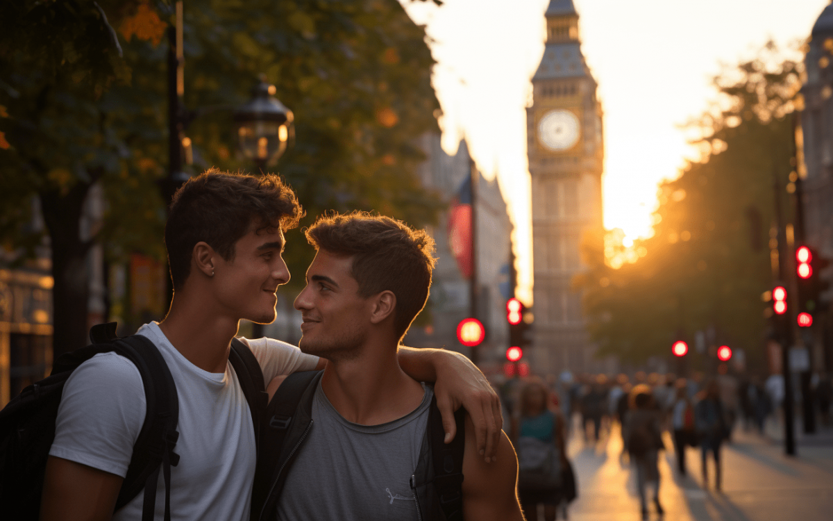 Deux hommes s'embrassant devant Big Ben à Londres.